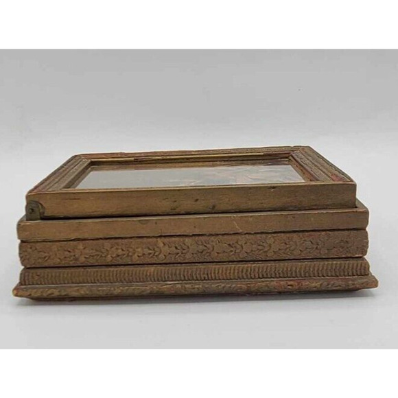 Antique 1920s Hand Carved Wood Jewelry Box French Victorian Print. Velvet Lining - Picture 13 of 16